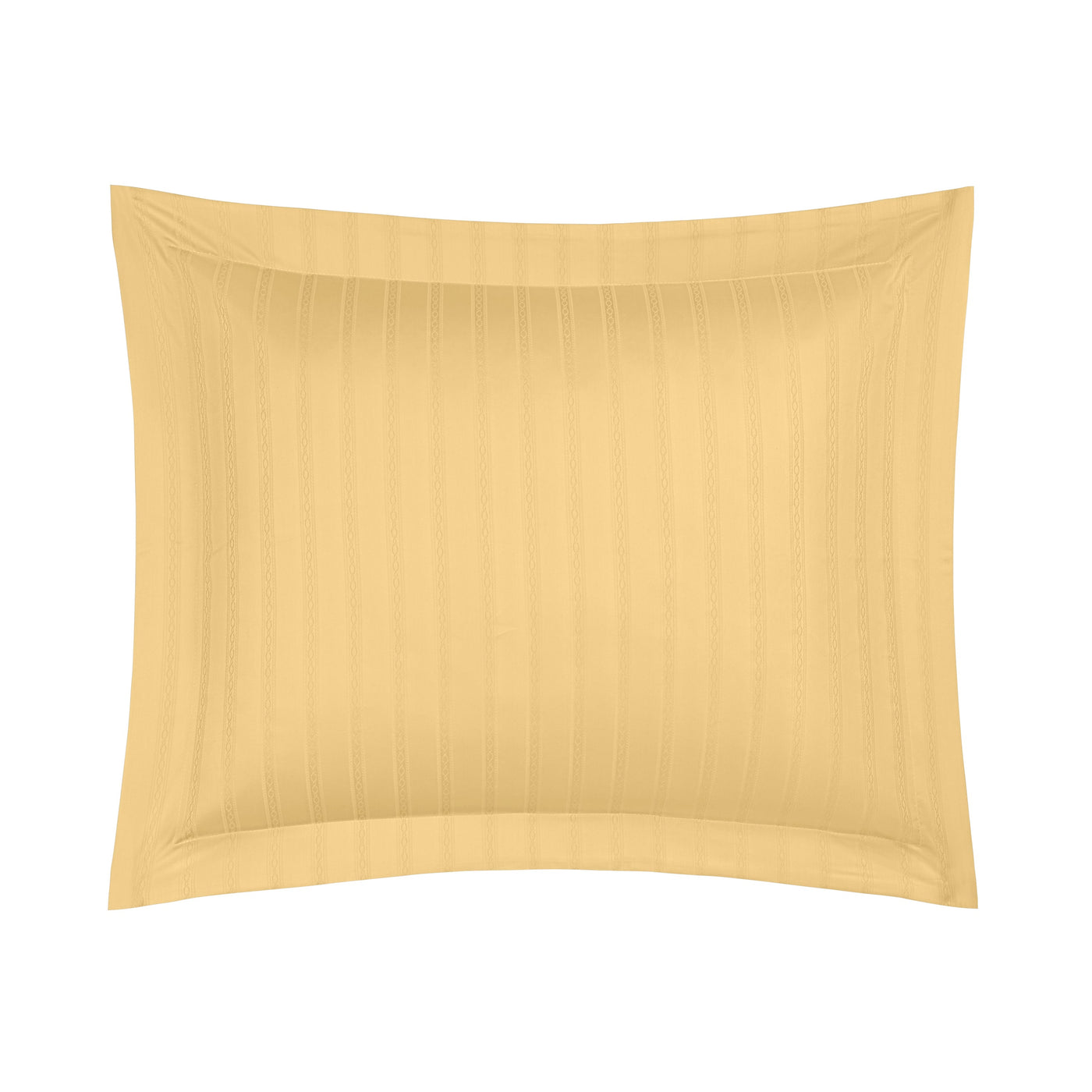 Honey gold satin-stripe pillow sham with tailored flange border, flat lay.