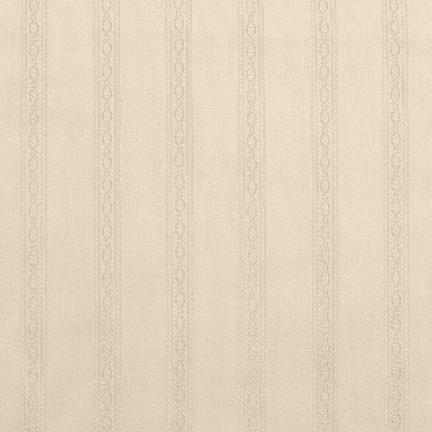 Close-up of ivory cotton fabric with tone-on-tone woven stripe and delicate chain detail.