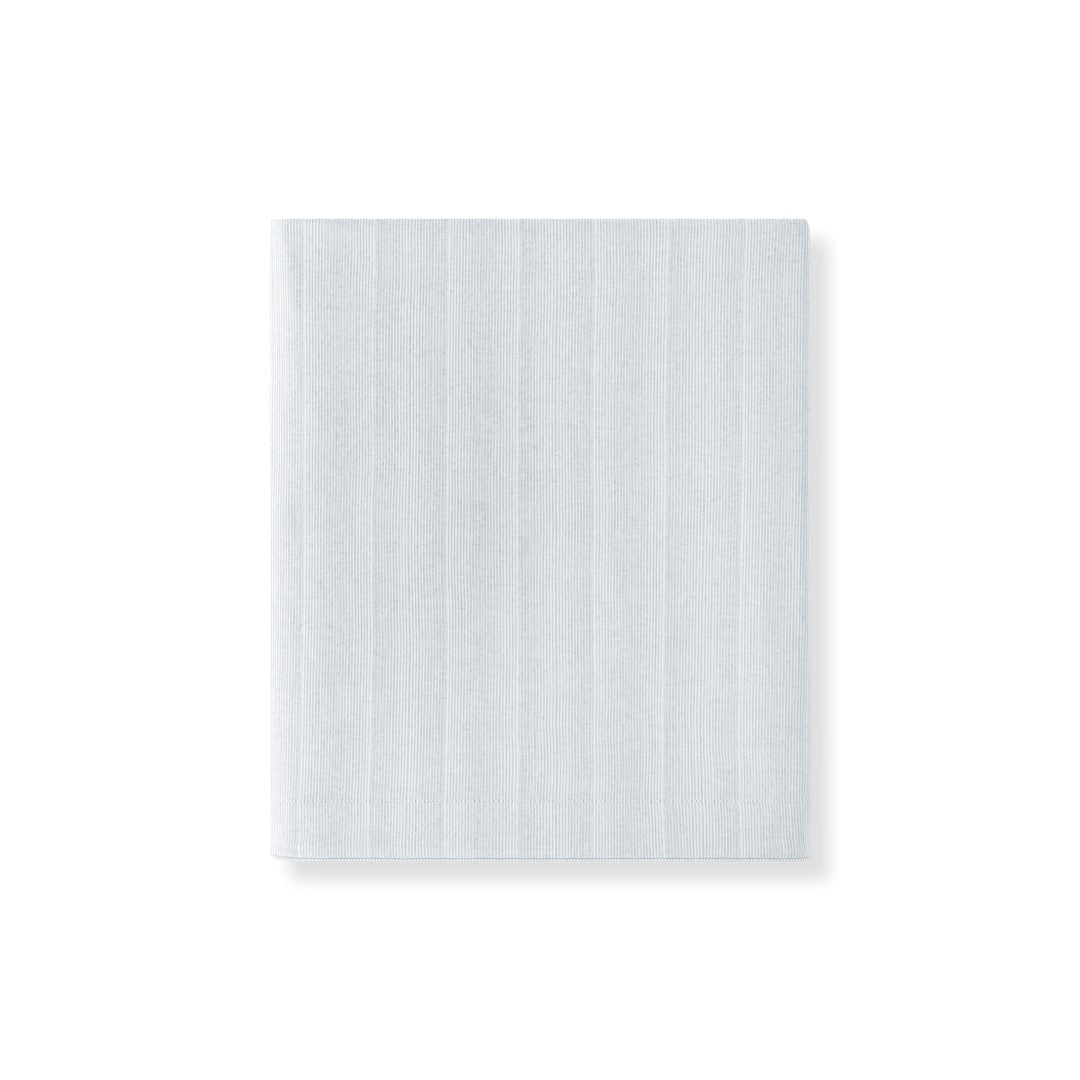 Pale blue cotton fitted sheet with tone-on-tone vertical stripe weave, folded flat view.