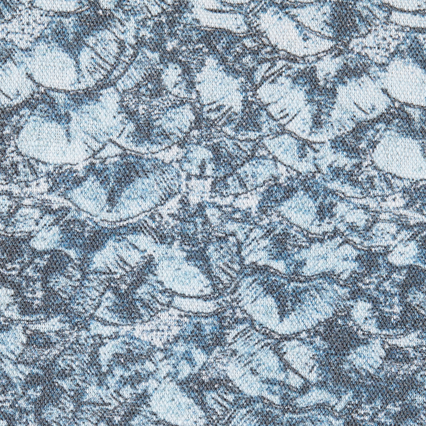 Close-up of Clara duvet cover fabric in slate blue with abstract botanical print.