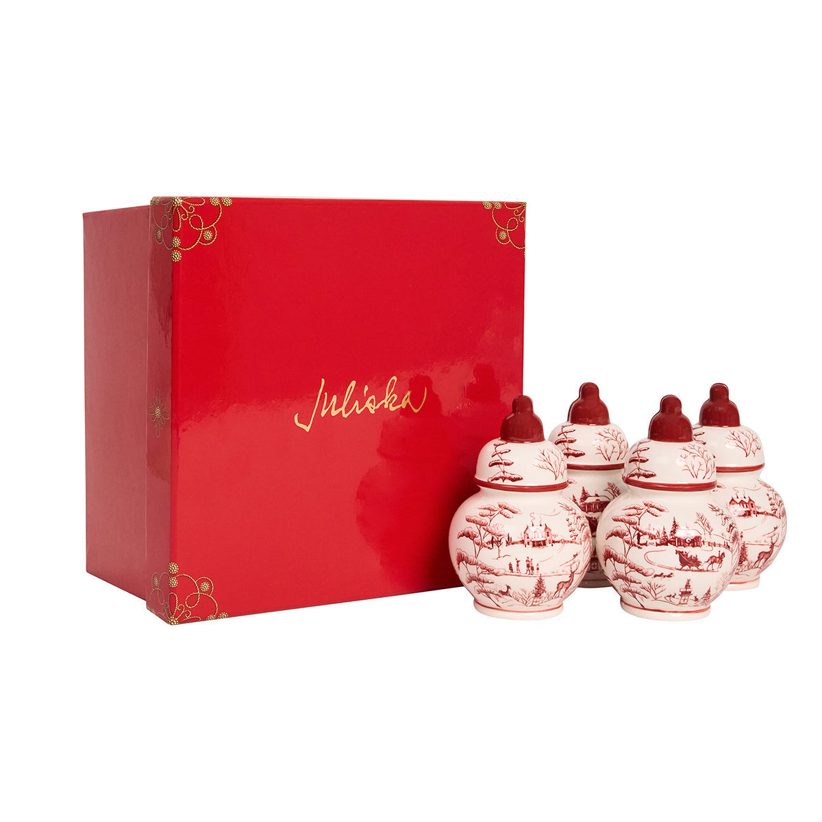 Ruby ginger jar place card holders beside a red Juliska gift box