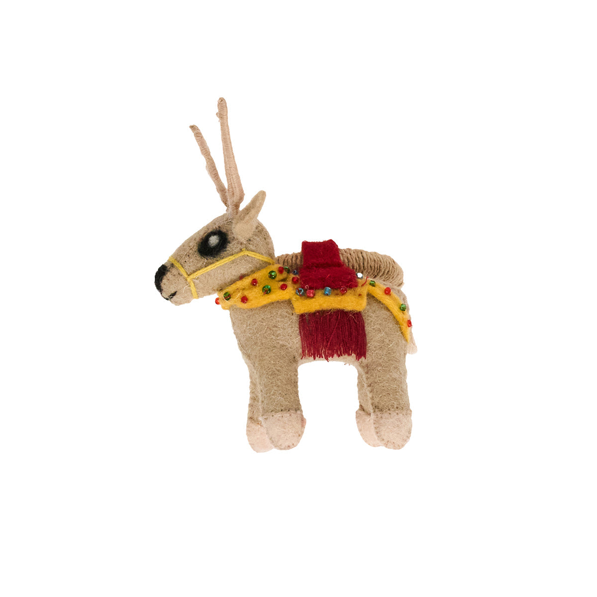 Felt reindeer napkin ring with a red and gold saddle blanket