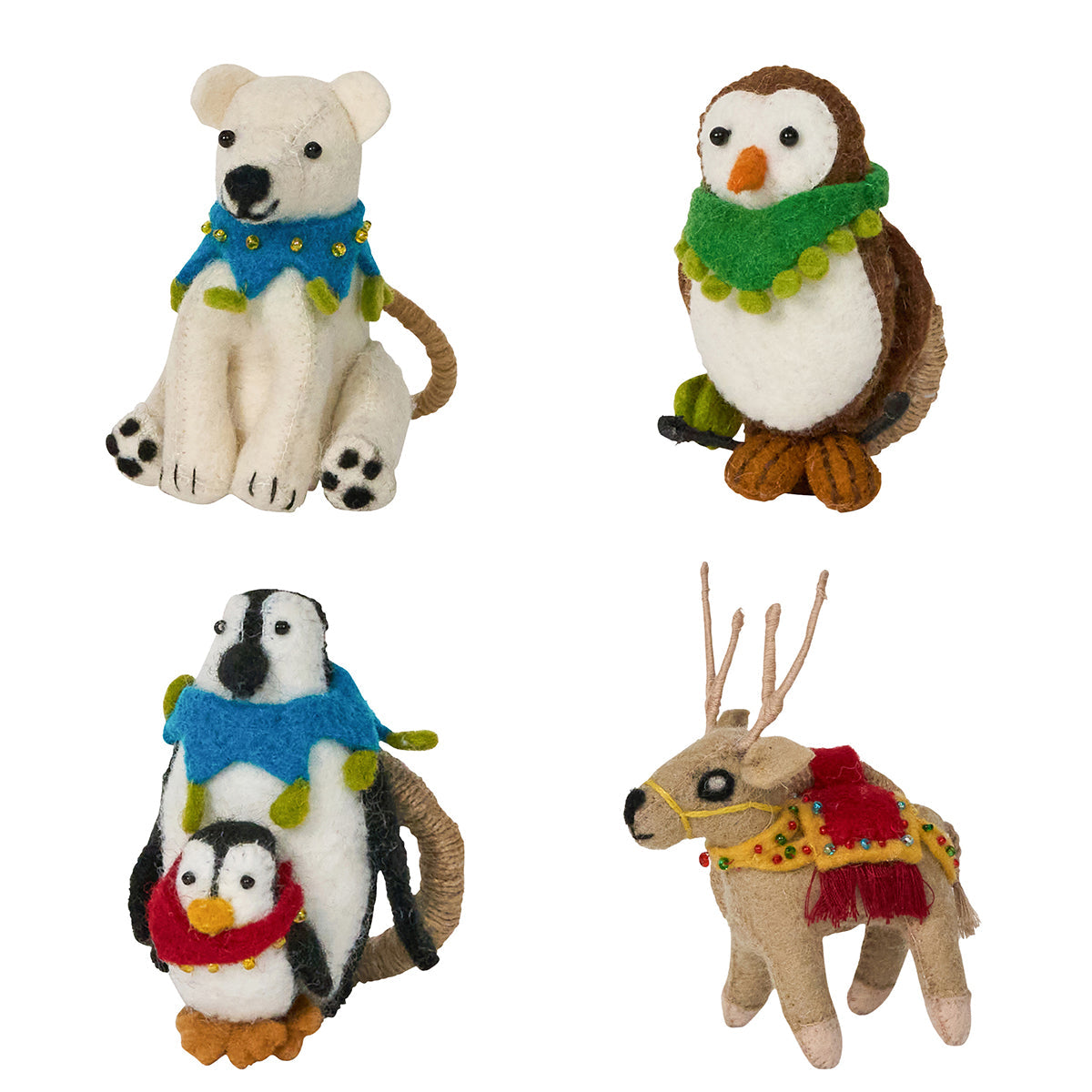 Juliska Berry & Thread North Pole set of four felt animal napkin rings: polar bear, owl, penguin and reindeer
