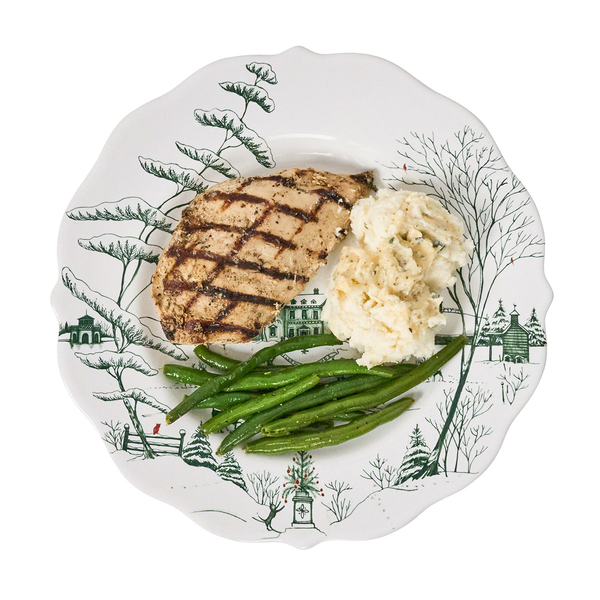 Evergreen Winter Frolic dinner plate with grilled chicken, mashed potatoes and green beans