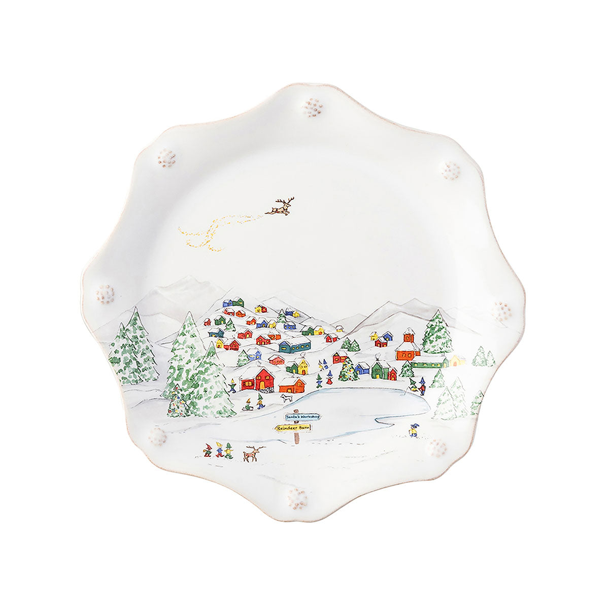 Juliska Berry & Thread North Pole scalloped salad plate painted with the elves' village of colorful cabins