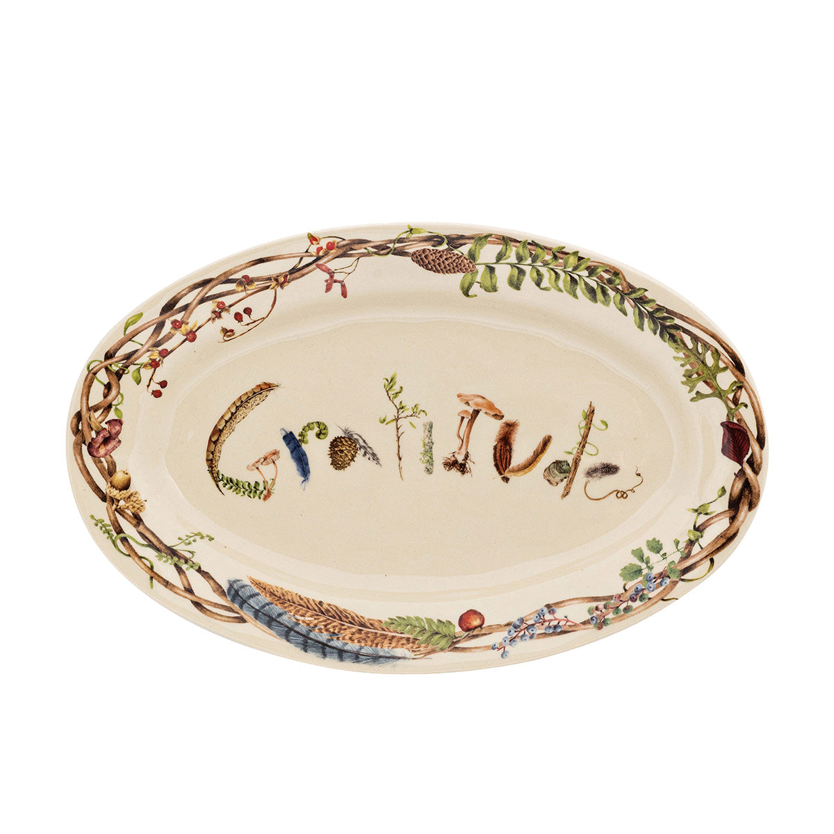 Juliska Forest Walk 15 inch oval Gratitude platter with twig lettering and a woodland border