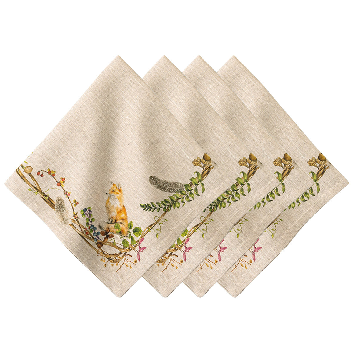 Juliska Forest Walk set of linen napkins with a painted woodland animal border, fanned