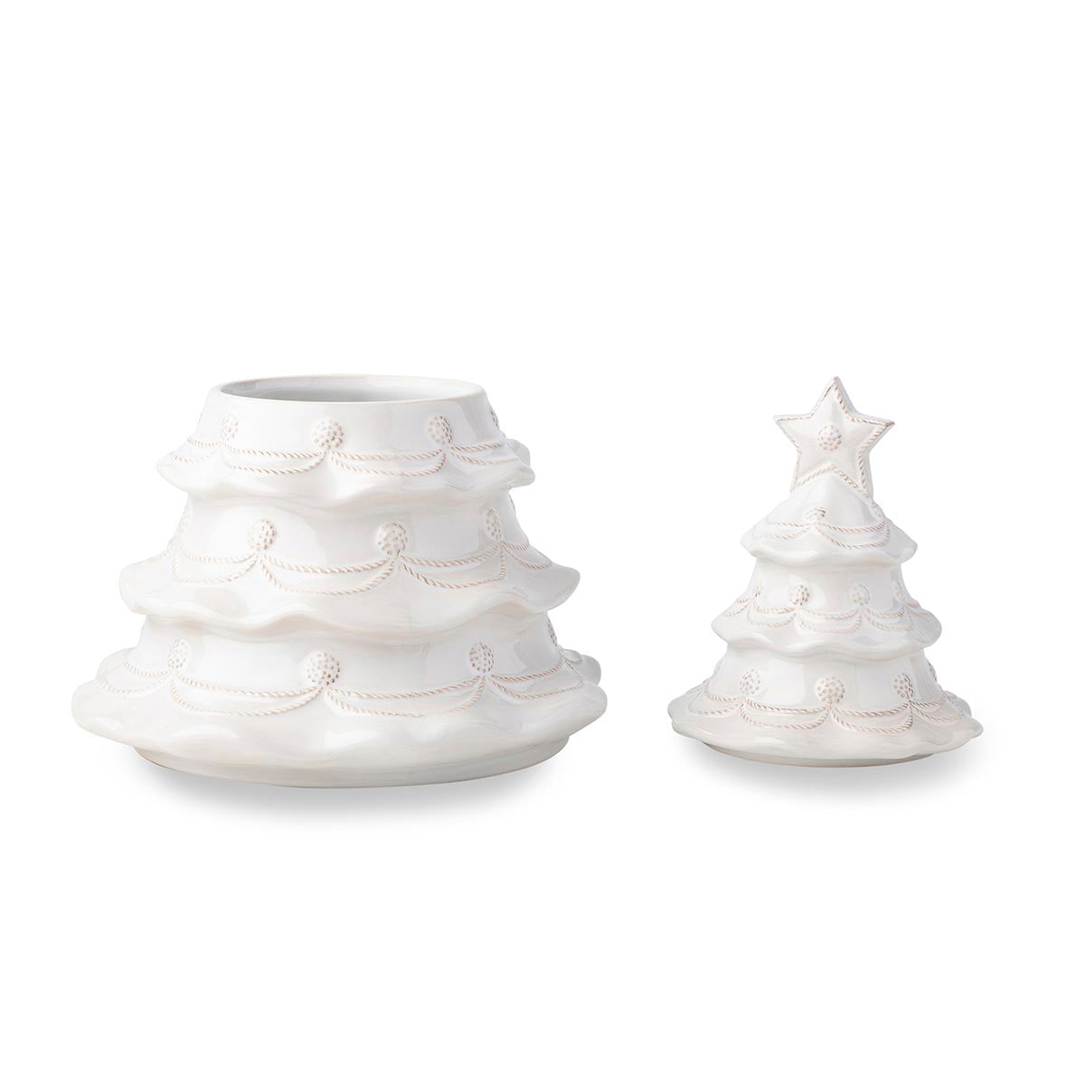 Whitewash Christmas tree cookie jar with its lid set beside the base