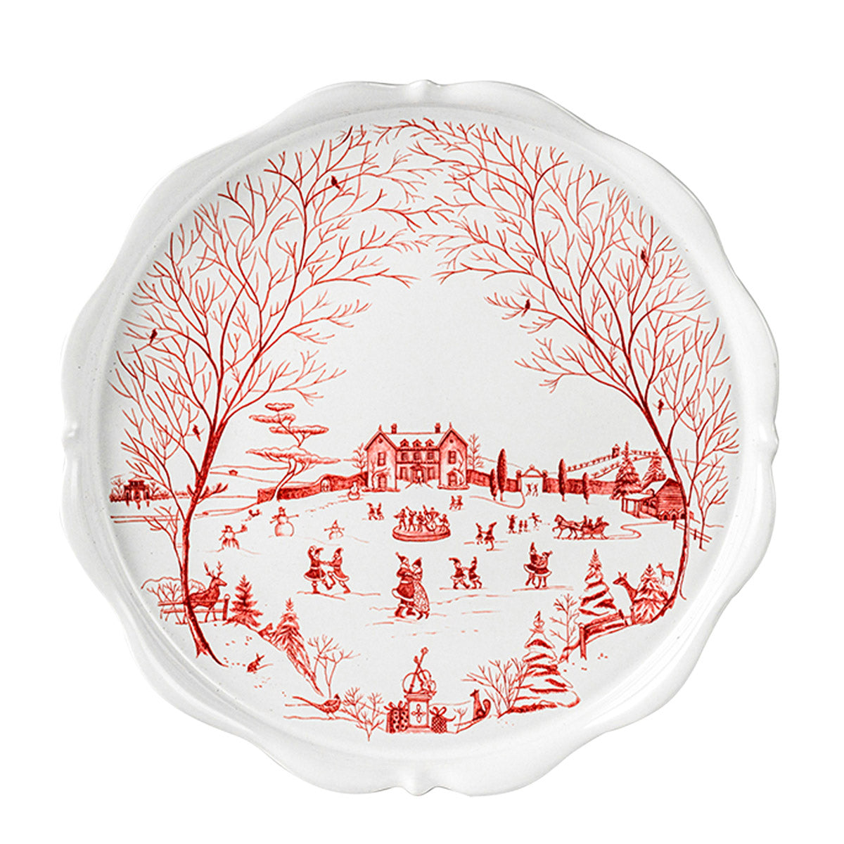 Top view of the ruby Winter Frolic cake stand with the main house and skaters