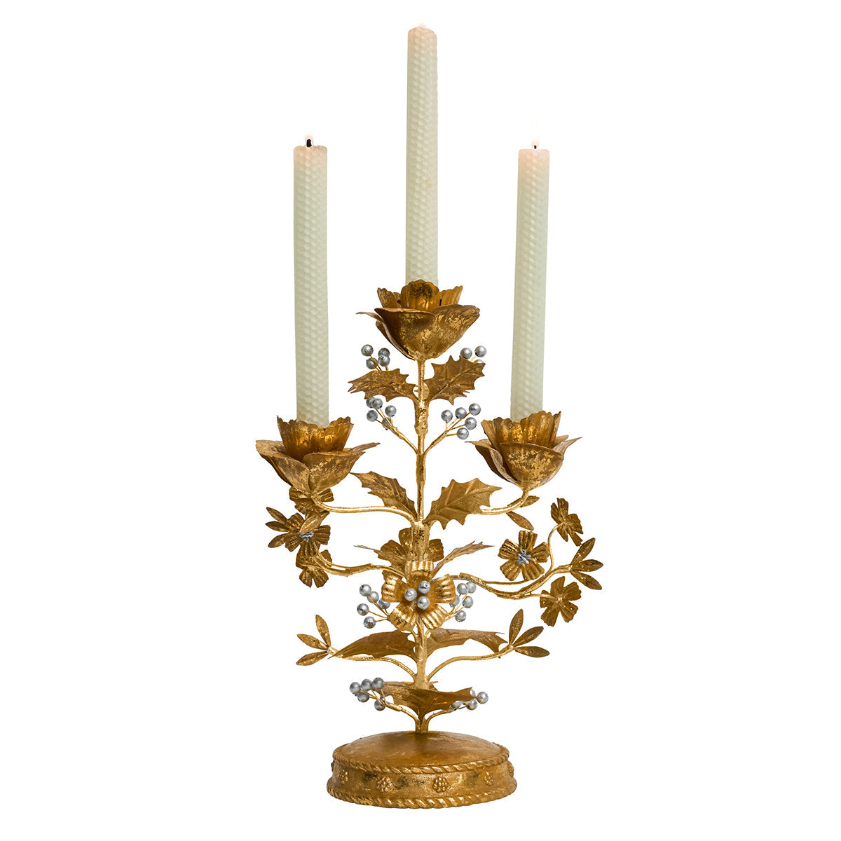 Juliska Forest Walk gold holly candelabra holding three white taper candles