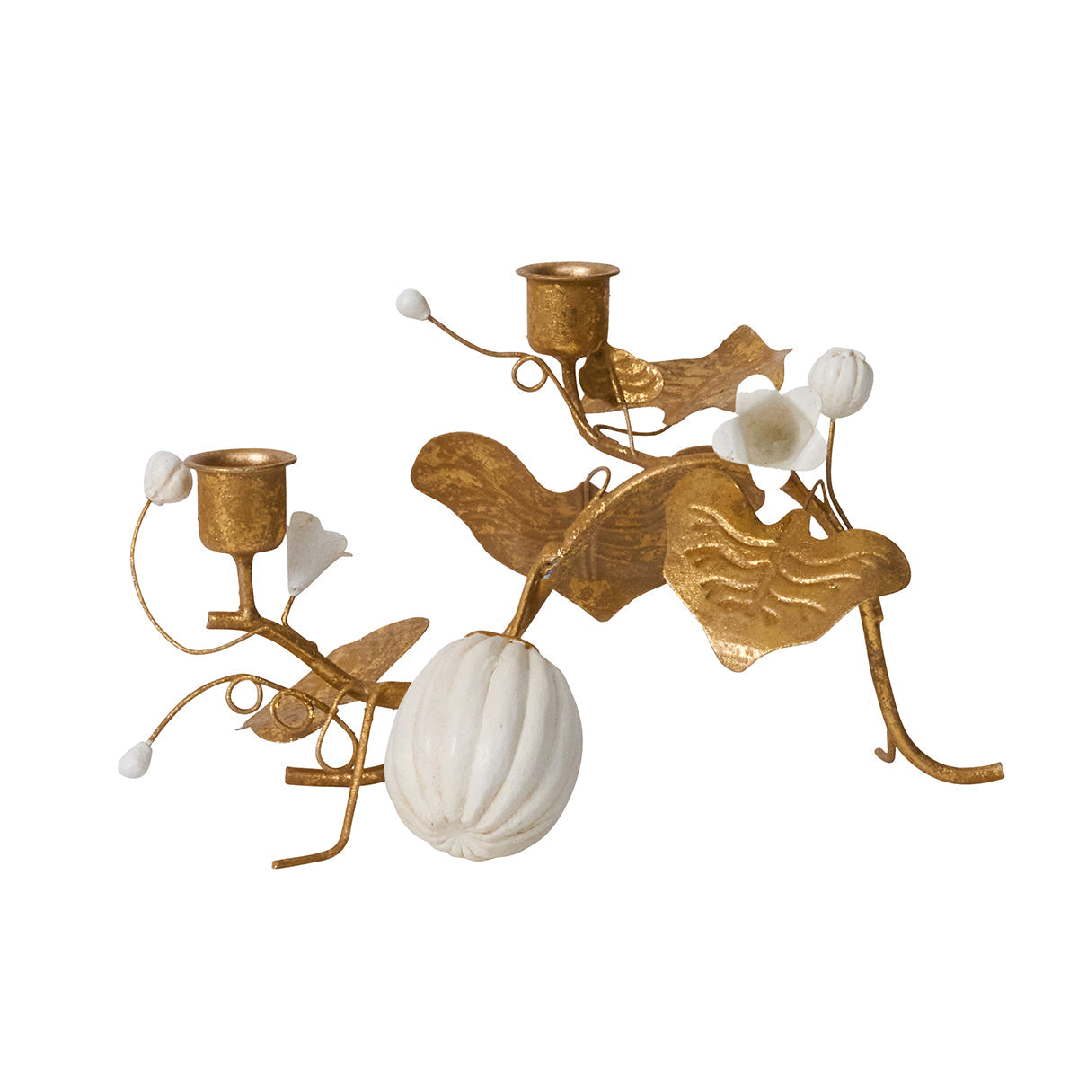 Juliska Forest Walk gold pumpkin and vine double candlestick holder with a white pumpkin and leaves