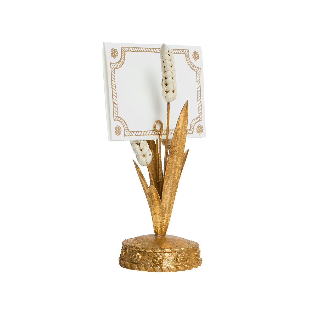 Juliska Forest Walk gold wheat place card holder with a blank card, viewed from the side