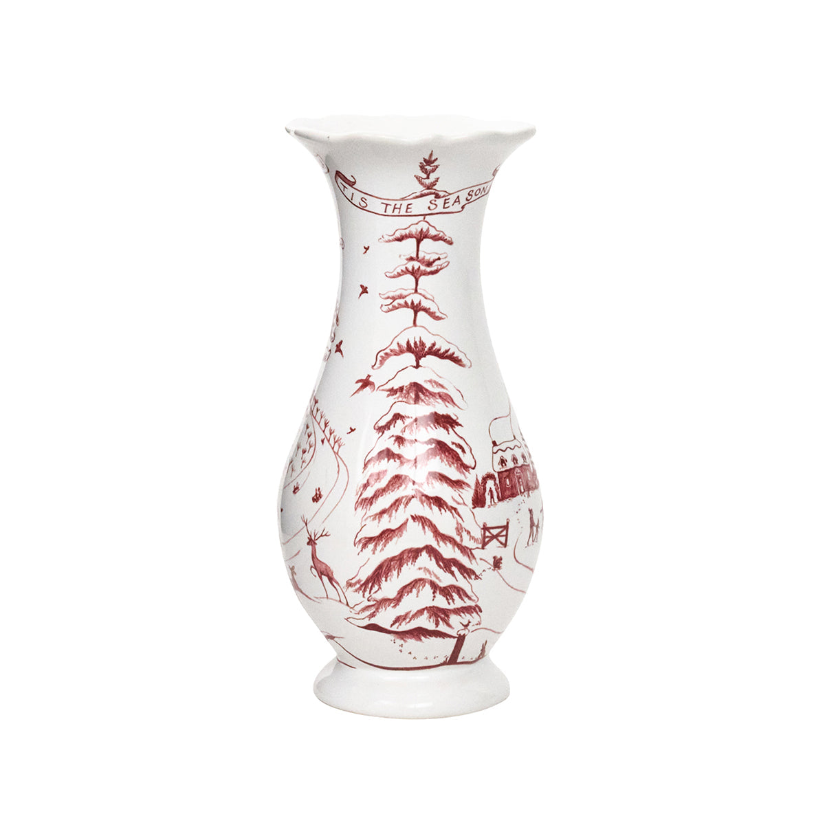 Ruby Winter Frolic vase showing a snowy fir tree and a banner on the neck