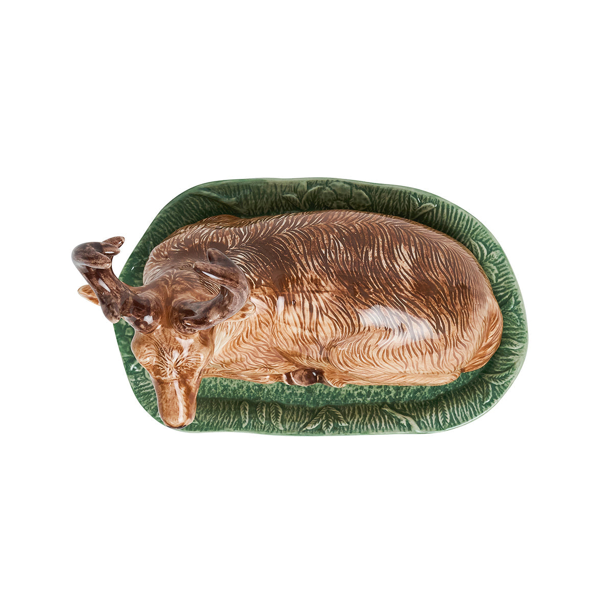 Juliska Forest Walk stag butter dish viewed from above, stag lid on a green leaf base