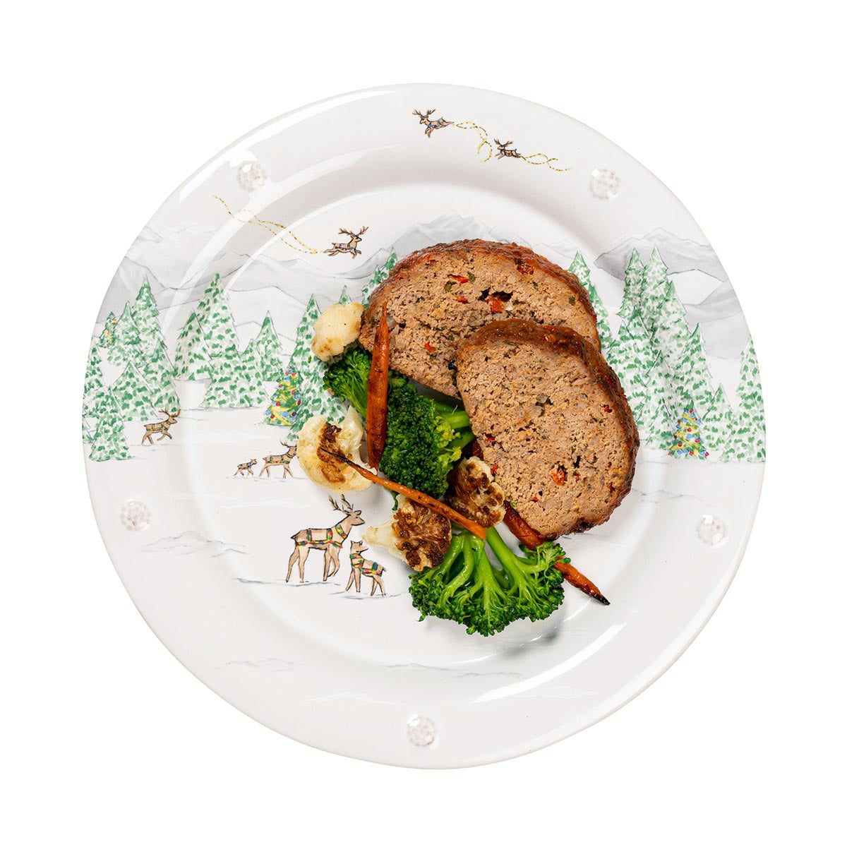 North Pole dinner plate with a slice of meatloaf and broccoli