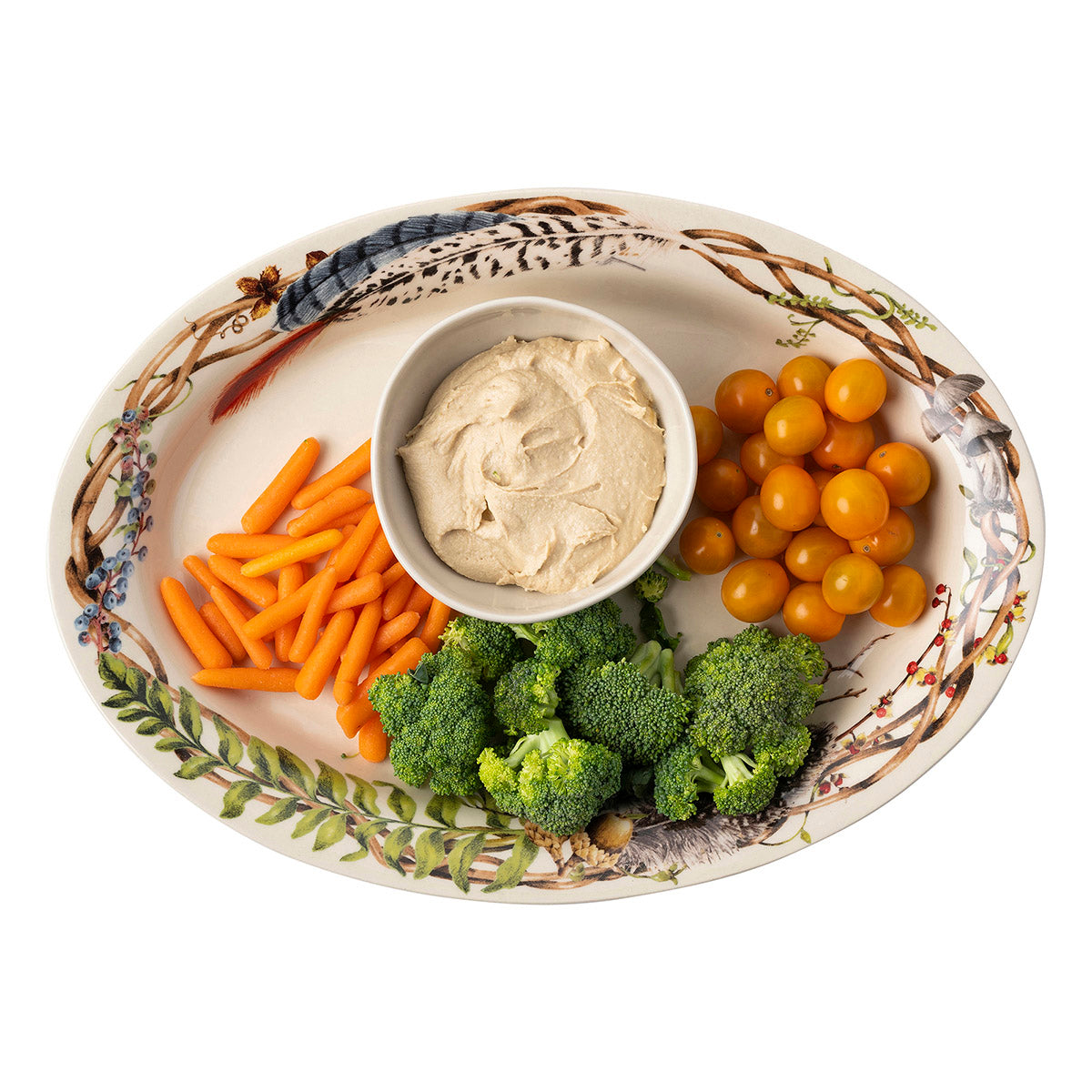 Juliska Forest Walk 17 inch oval platter set with carrots, broccoli, tomatoes and a bowl of dip