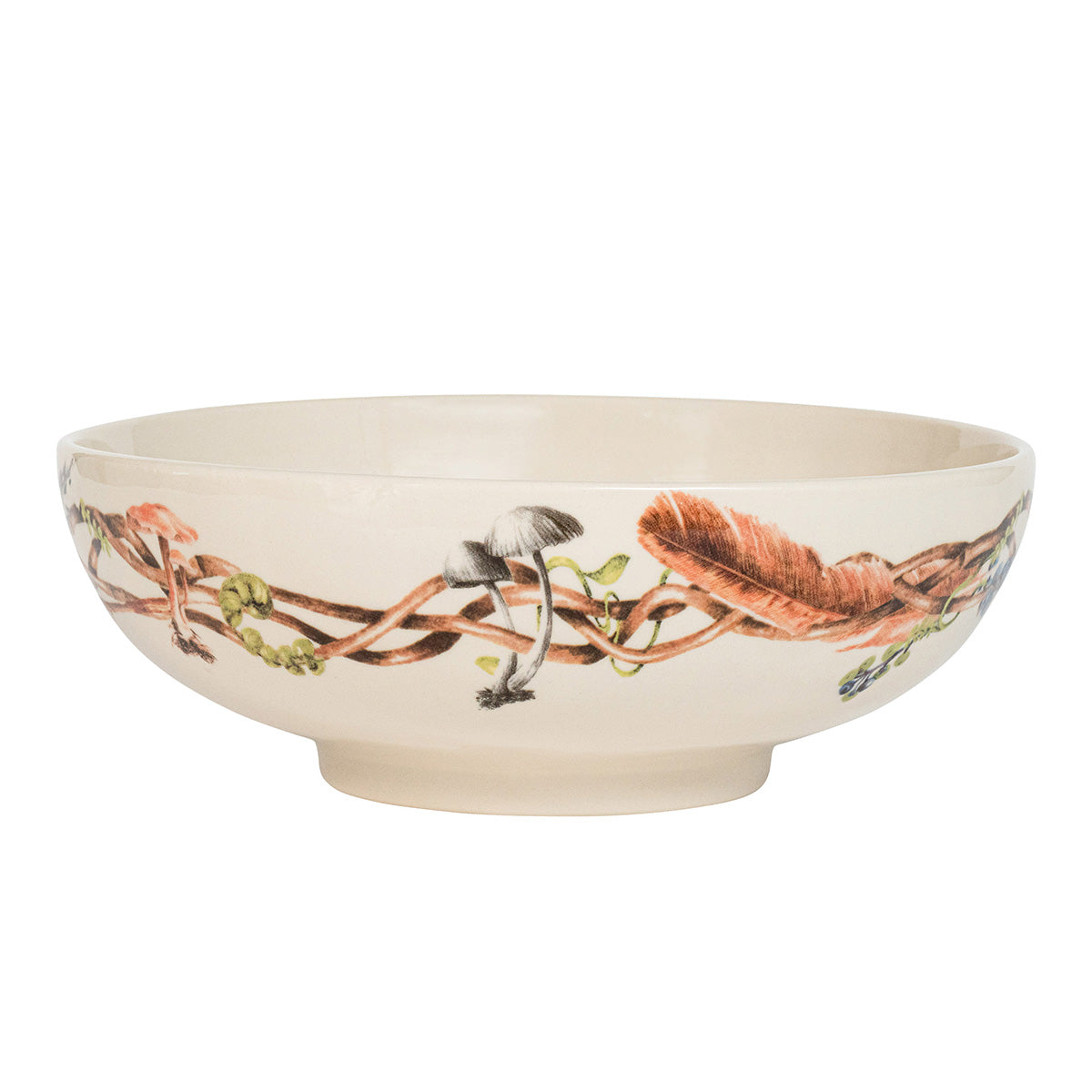 Juliska Forest Walk 12 inch serving bowl with a painted band of feathers, twigs and mushrooms