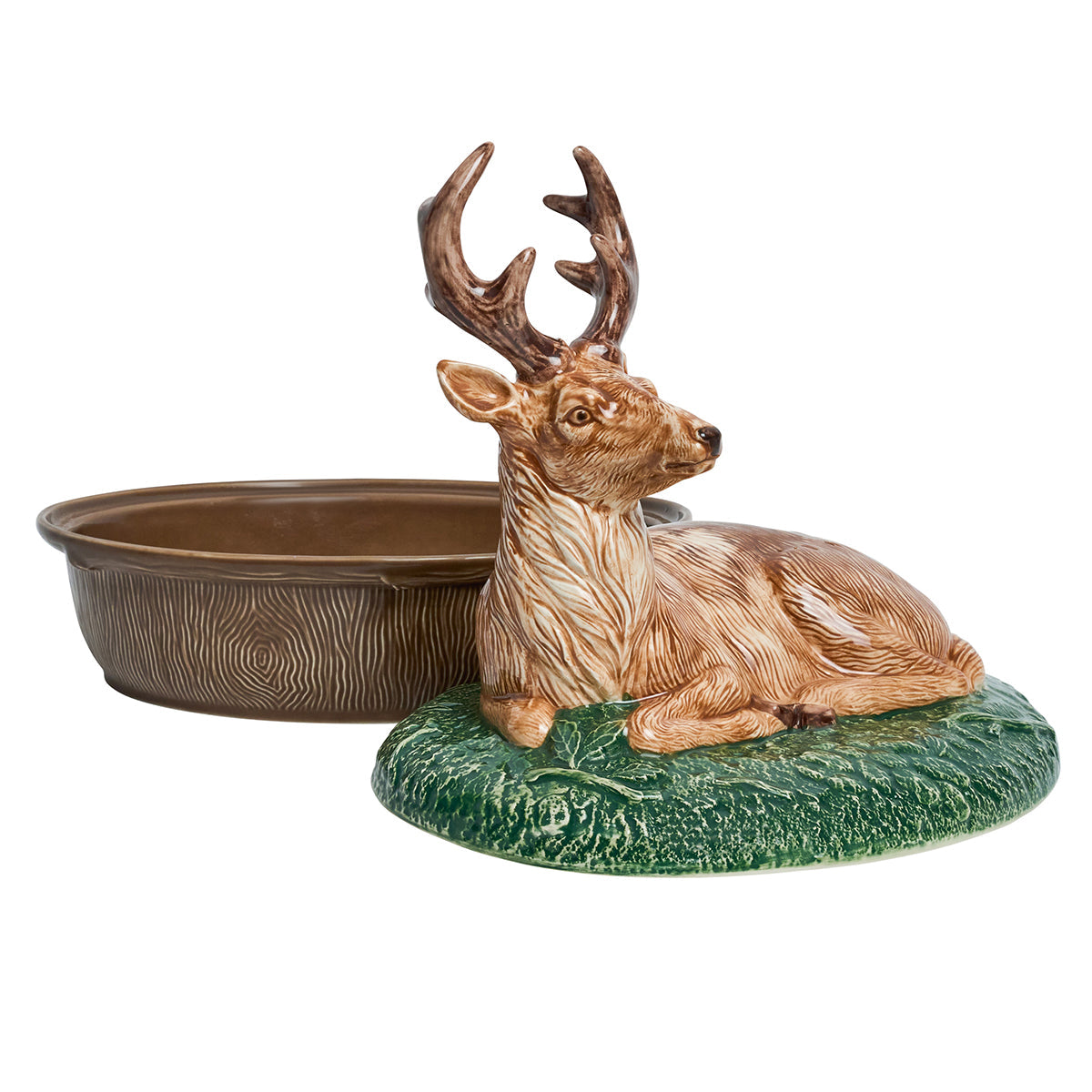 Juliska Forest Walk stag lidded baker, empty, with the stag lid set beside the dish