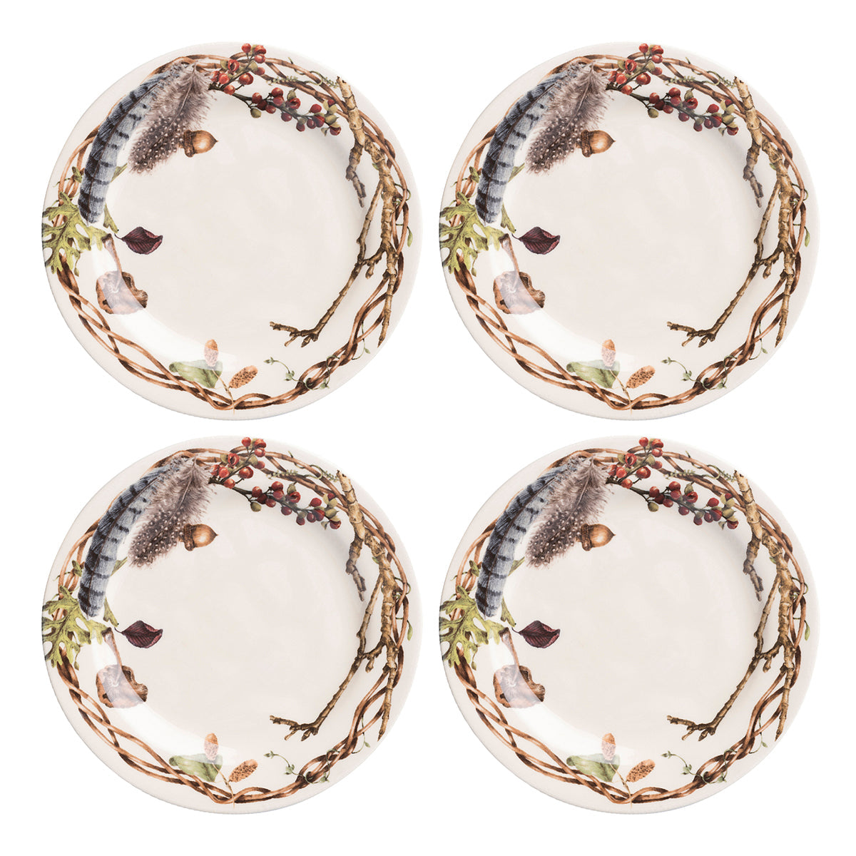 Juliska Forest Walk set of four party plates with a wreath of twigs, feathers and berries