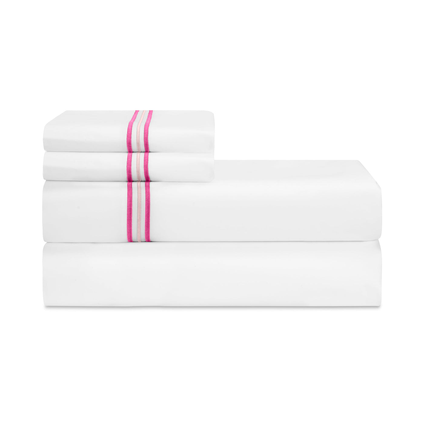 Close-up of folded white sheet set with pink and champagne double-stripe embroidery detail.