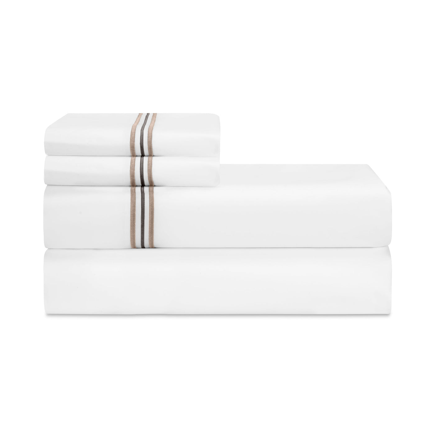 Close-up of folded white Delancey sheet set with taupe and charcoal triple-stripe embroidery.