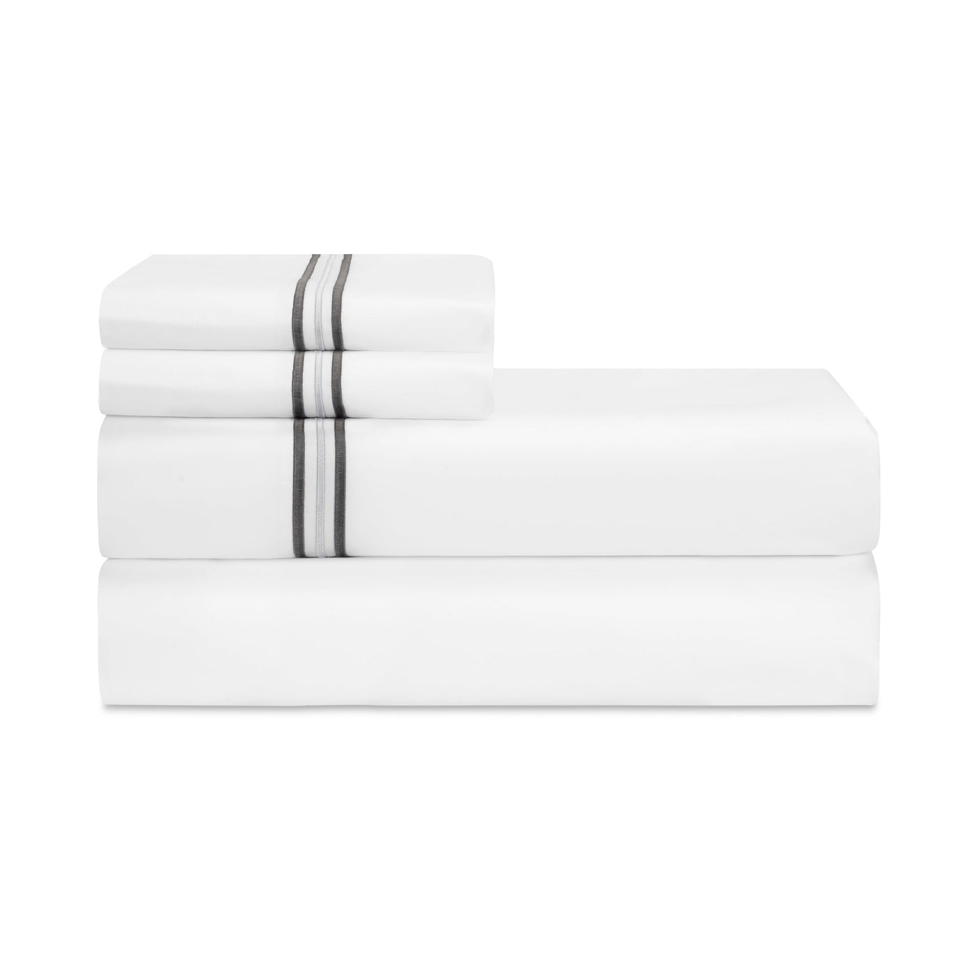 Close-up of folded white Home Treasures Delancey sheet set with charcoal double-stripe embroidery.
