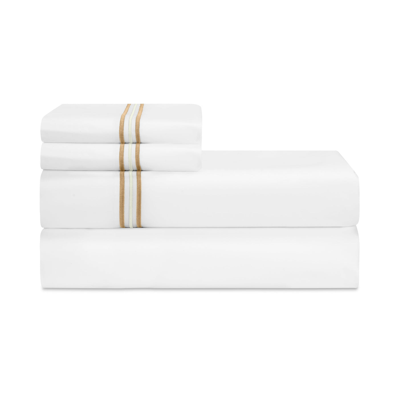 Close-up of folded white Delancey sheet set with champagne double-stripe embroidery.