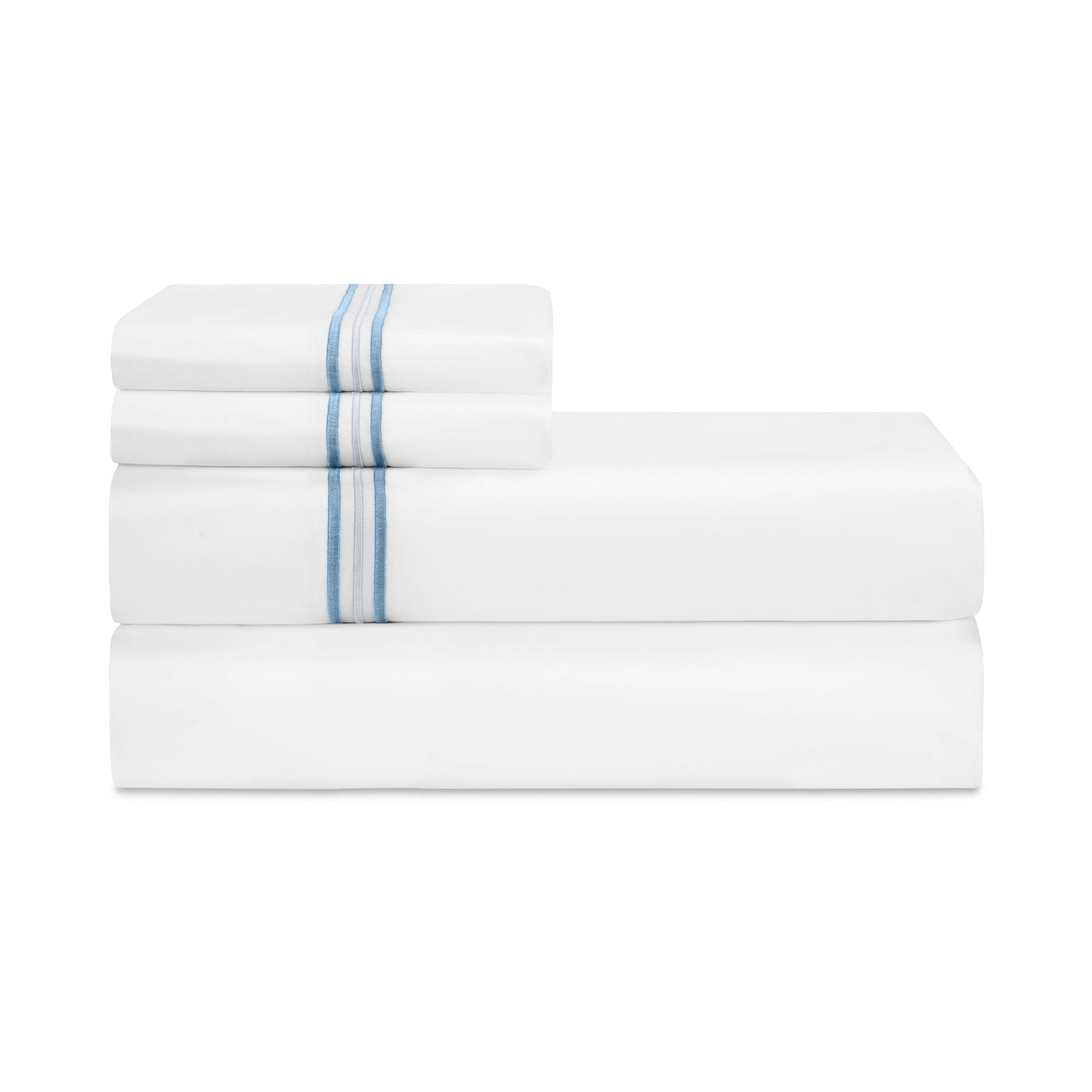 Close-up of folded white Home Treasures Delancey sheet set with twin blue satin stitch border detail.