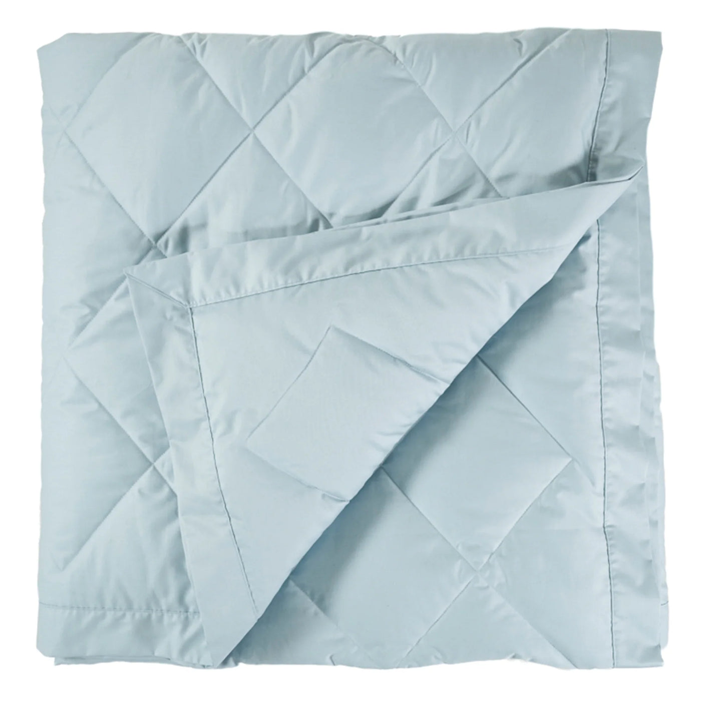 Folded corner detail revealing interior of Scandia Home Down Blanket in pale blue.