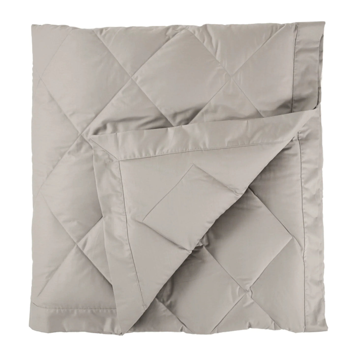 Scandia Home Down Blanket in pebble, folded to show diamond quilting and satin trim.