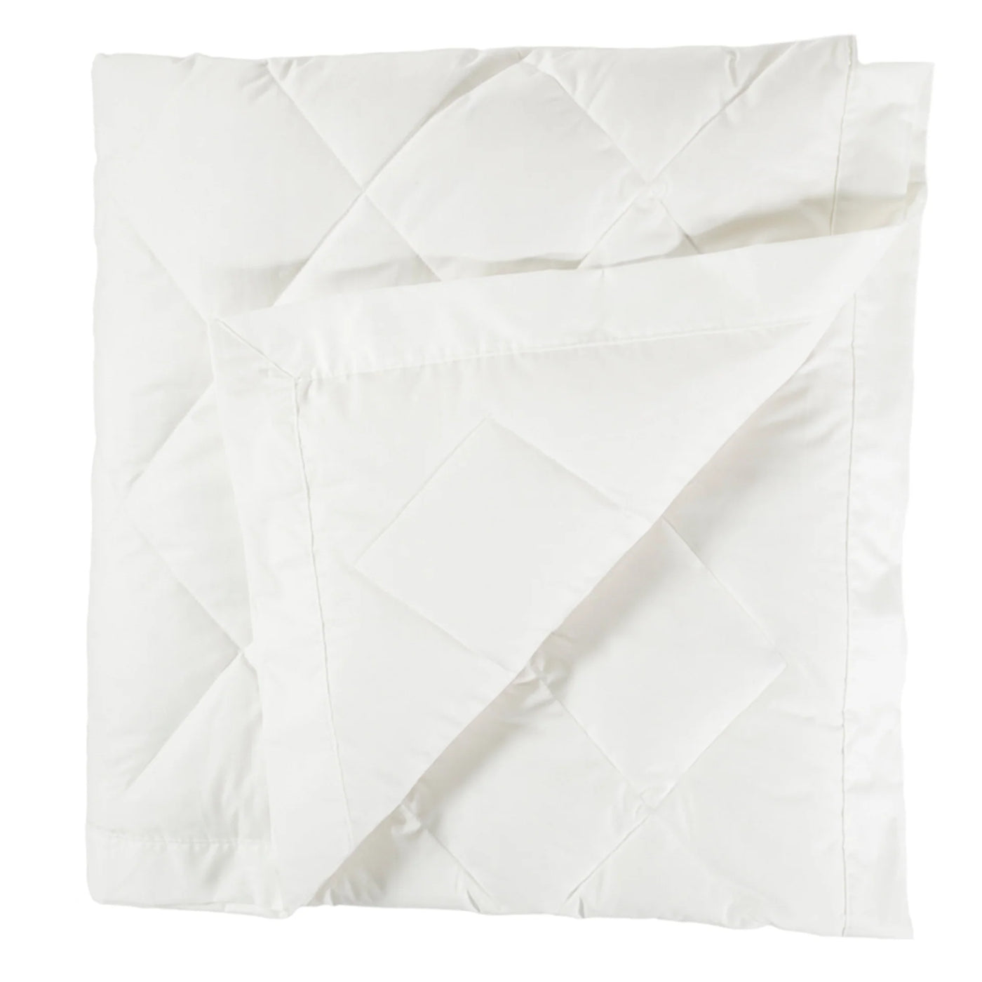 Ivory quilted down blanket folded to show diamond stitching and satin binding edge.
