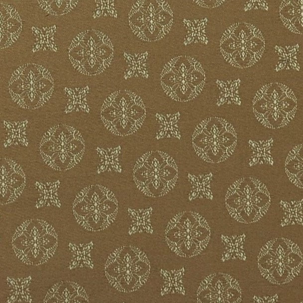 Close-up of Duomo fabric in tobacco, featuring ivory medallion and floral jacquard motifs.