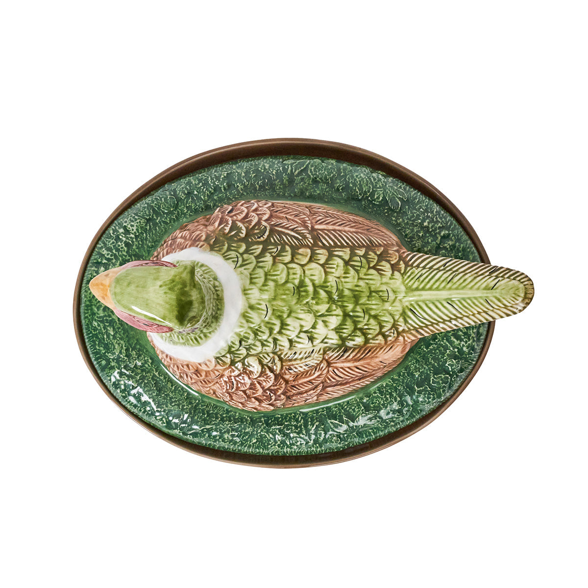 Juliska Forest Walk pheasant baker lid seen from above on an oval green grass base