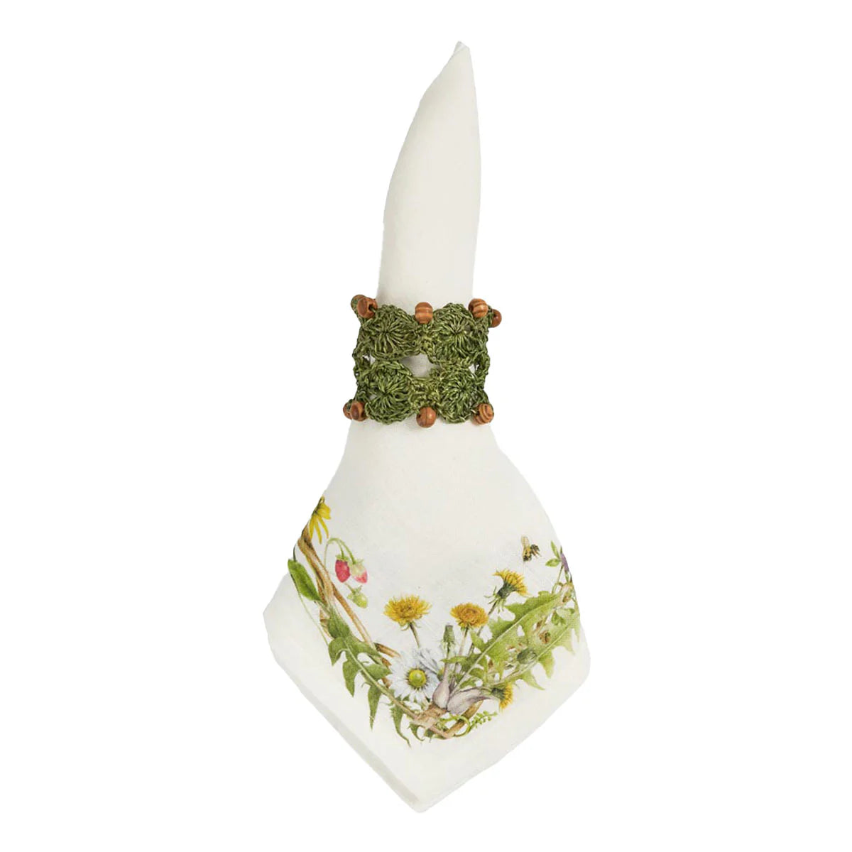 White linen napkin with botanical wildflower print, held by green beaded napkin ring.