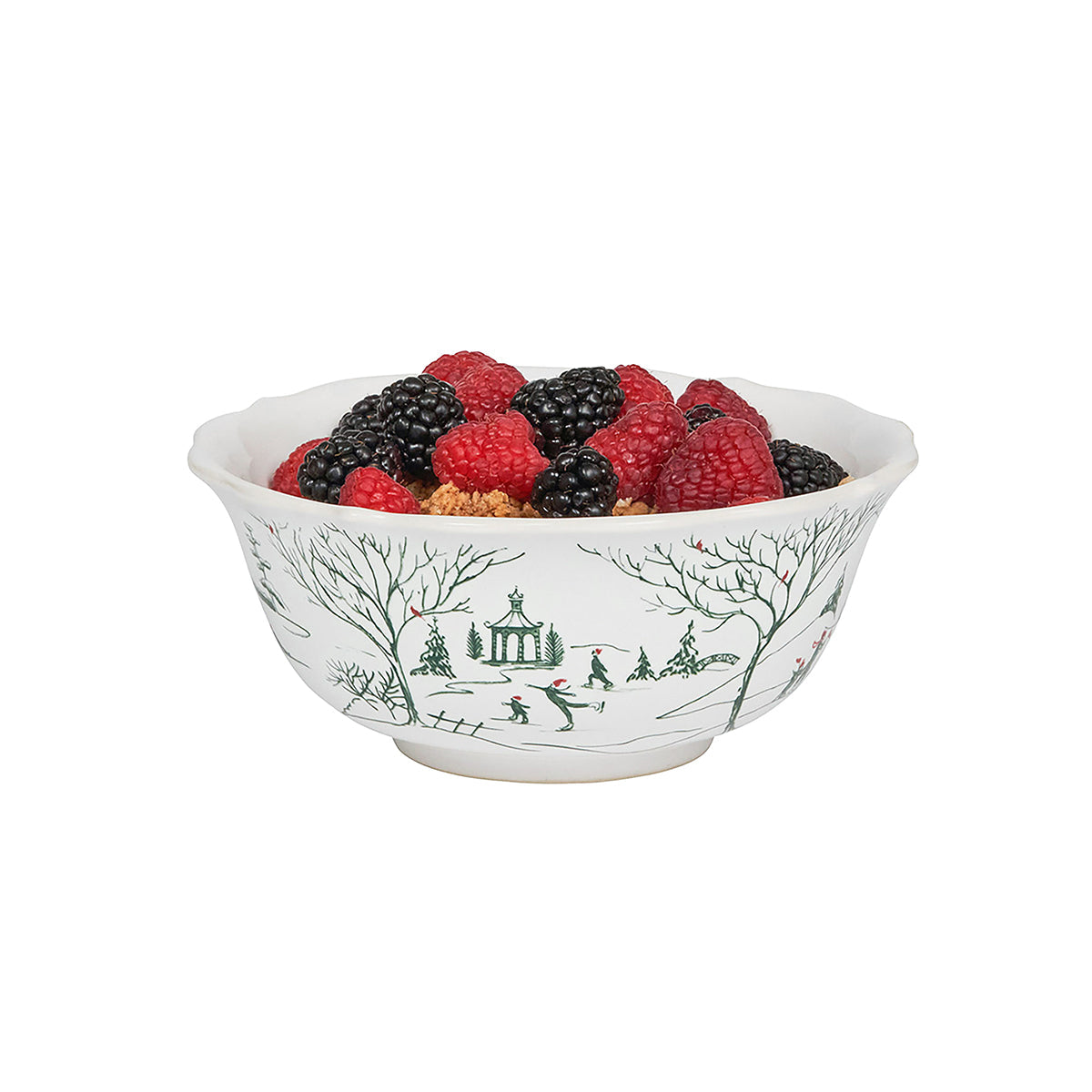 Evergreen Winter Frolic cereal bowl filled with fresh berries