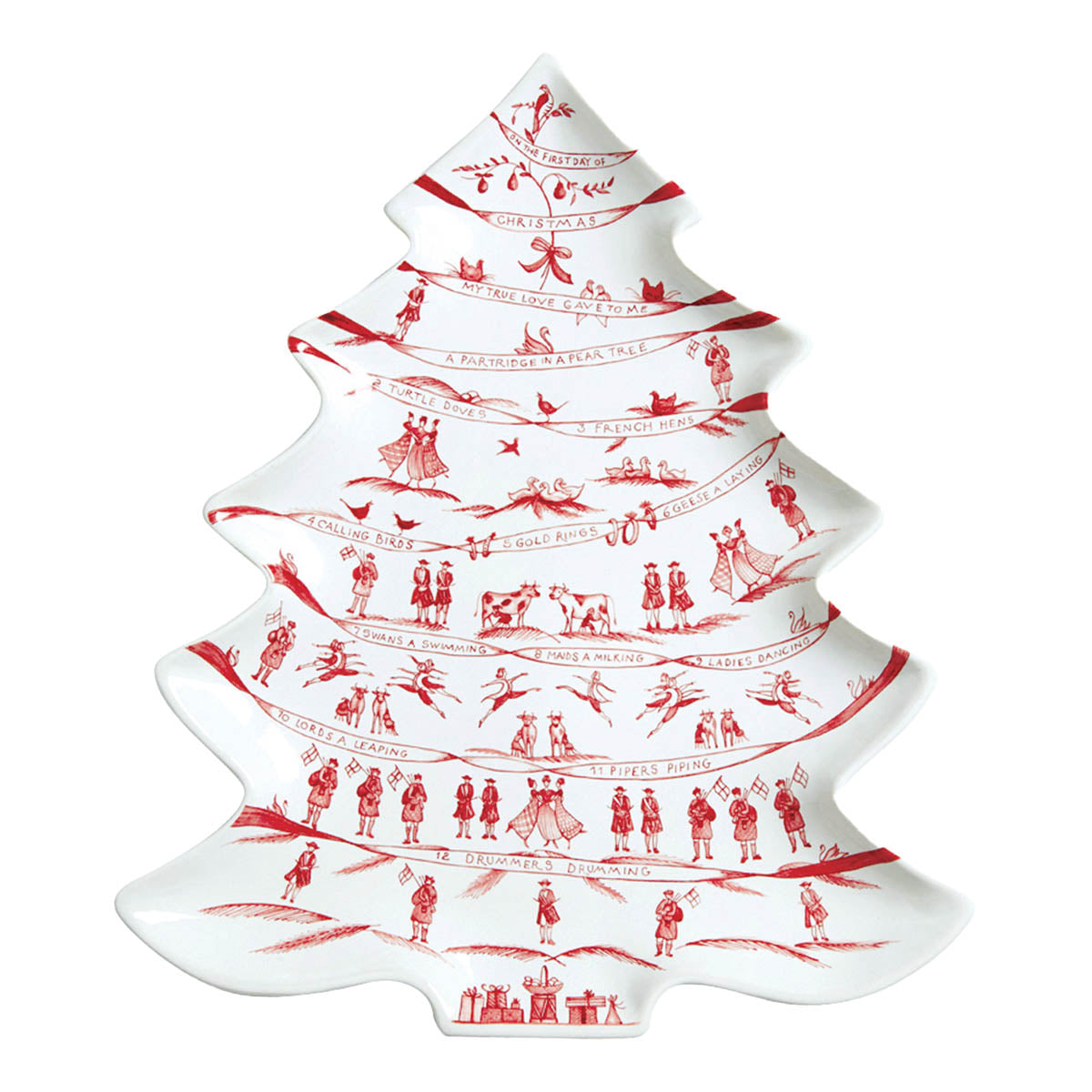 Juliska Country Estate Winter Frolic 15 inch tree-shaped platter in ruby, illustrated with tiers of carolers