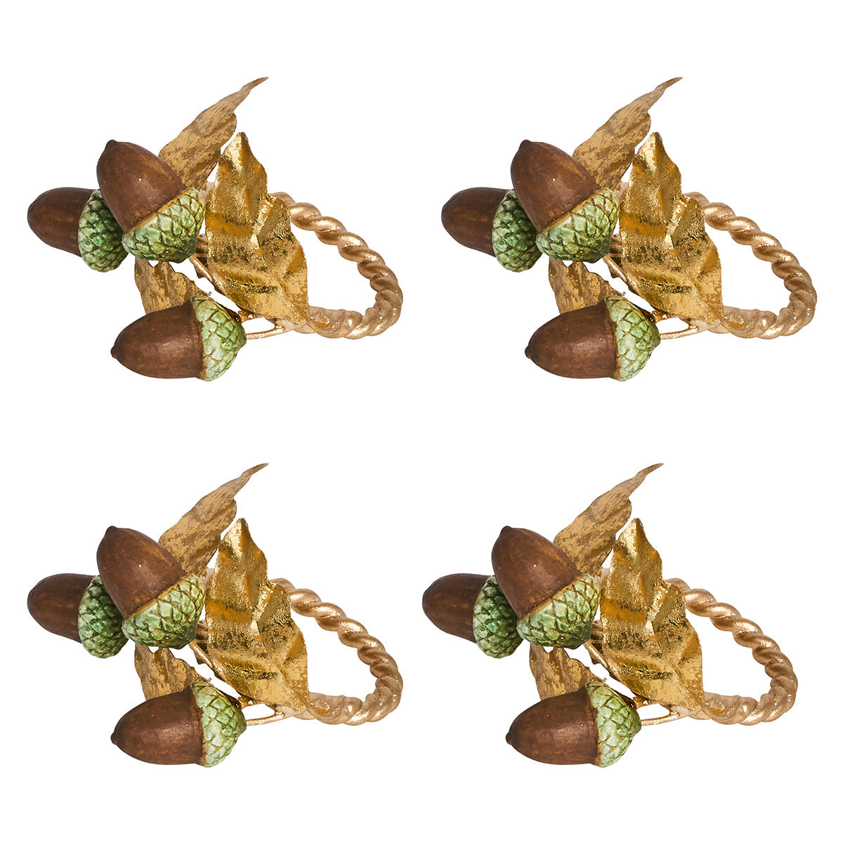 Juliska Forest Walk set of four acorn napkin rings with brown acorns on gold leaves
