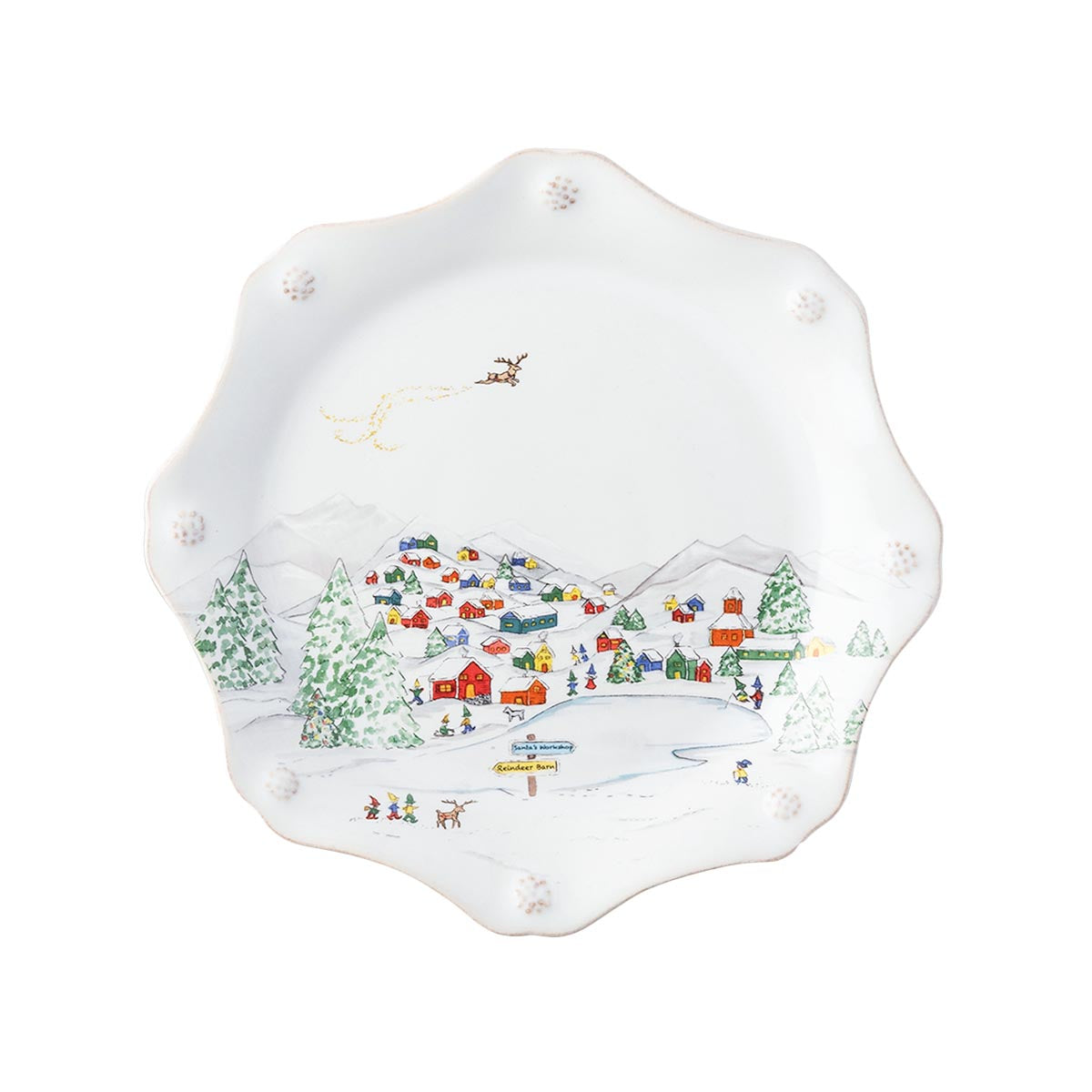 North Pole scalloped salad plate with a village of colorful cabins