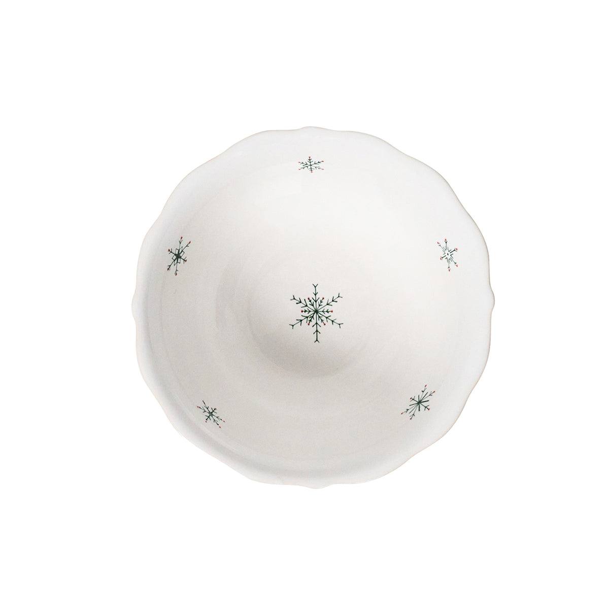 Inside of an evergreen Winter Frolic cereal bowl with a painted snowflake