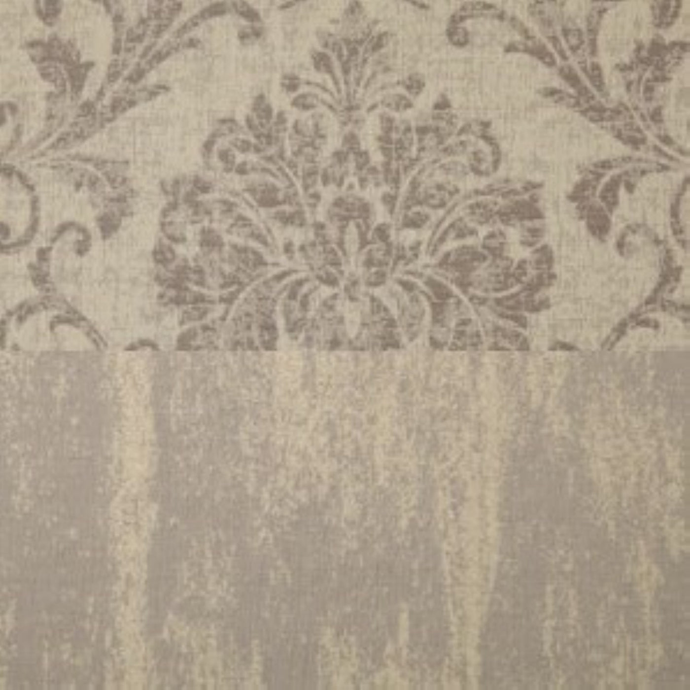 Close-up of taupe damask jacquard weave and distressed stripe reverse on Home Treasures Eloise duvet.