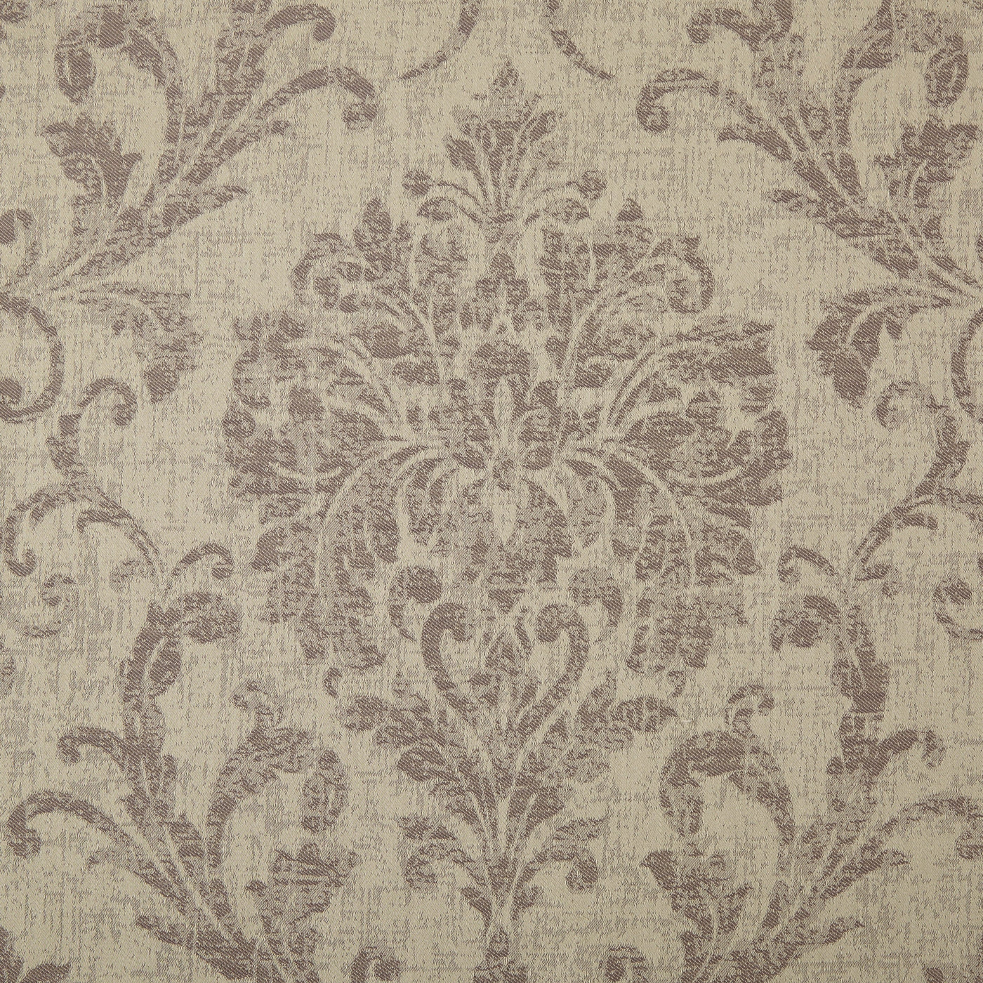 Close-up of Eloise quilted coverlet fabric, taupe damask pattern on ivory ground.