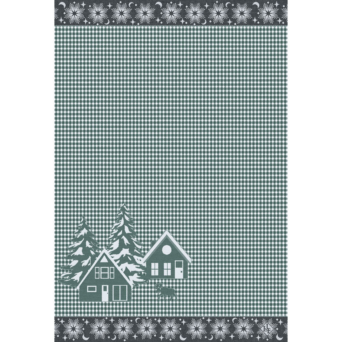 Le Jacquard Français Sous les Étoiles hand towel in Green, gingham weave with snowy chalet border.