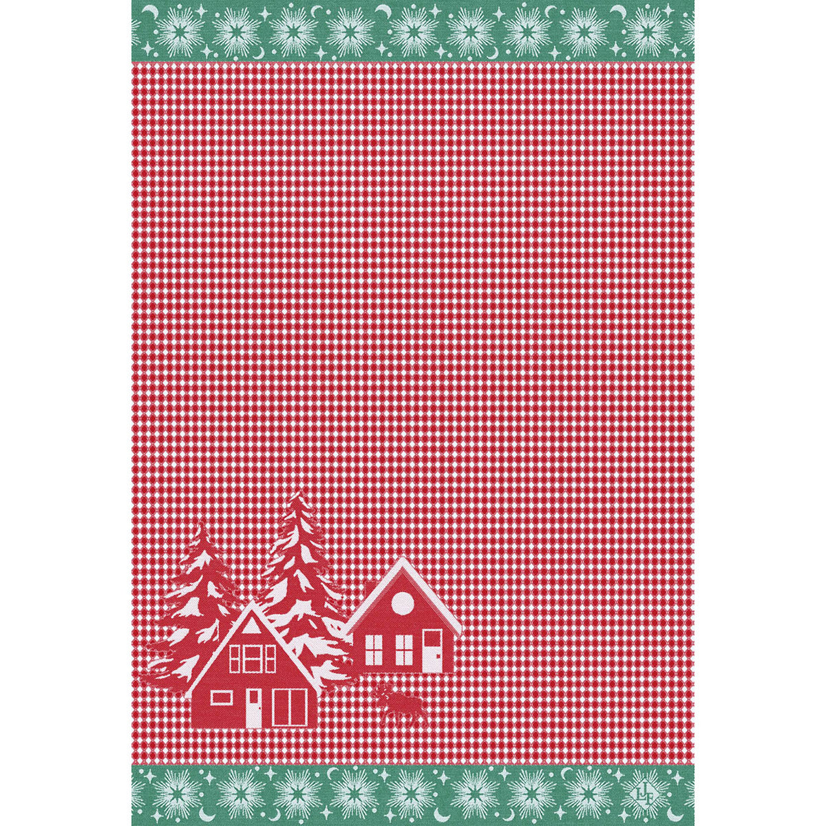 Le Jacquard Français Sous les Étoiles hand towel in Red, red gingham with snowy chalet scene.