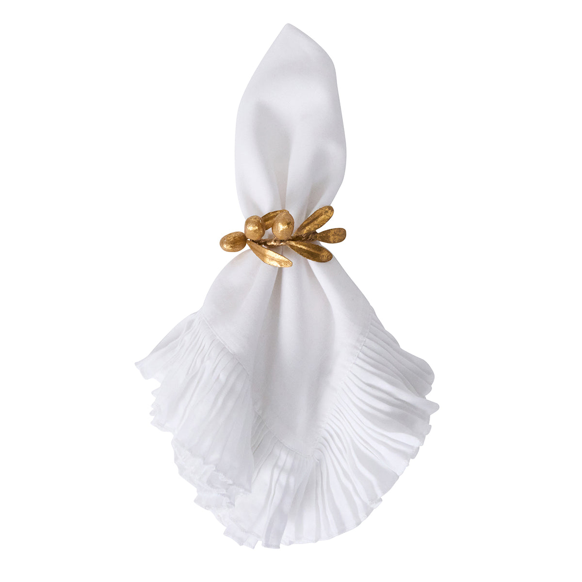 Juliska Forest Walk gold leaf napkin ring on a white ruffled napkin