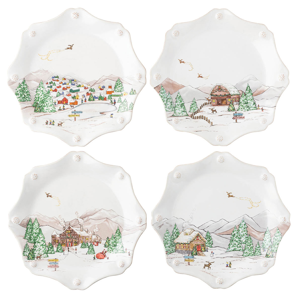 Juliska Berry & Thread North Pole assorted set of four scalloped salad plates, each with a different snowy village scene