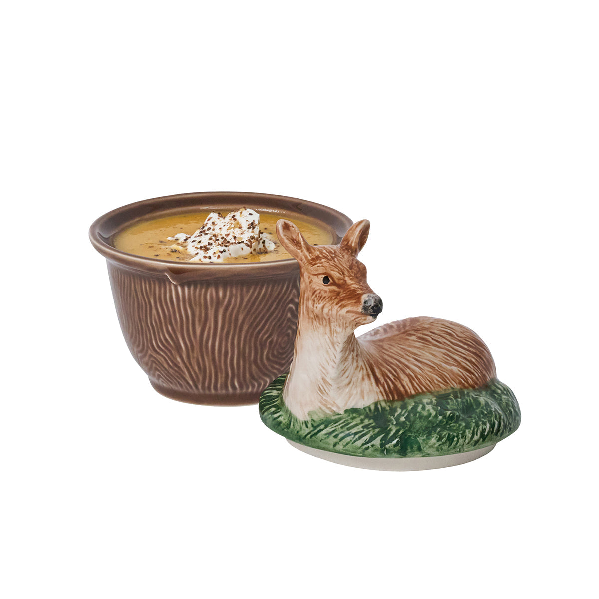 Juliska Forest Walk deer lidded bowl filled with soup, the deer lid set beside the bowl