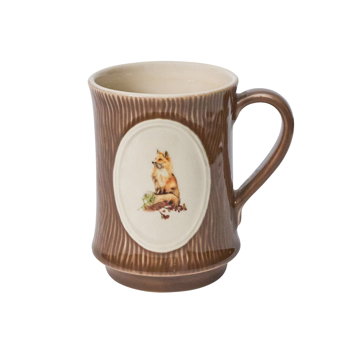 Juliska Forest Walk brown bark-textured mug with a fox in a cream oval medallion