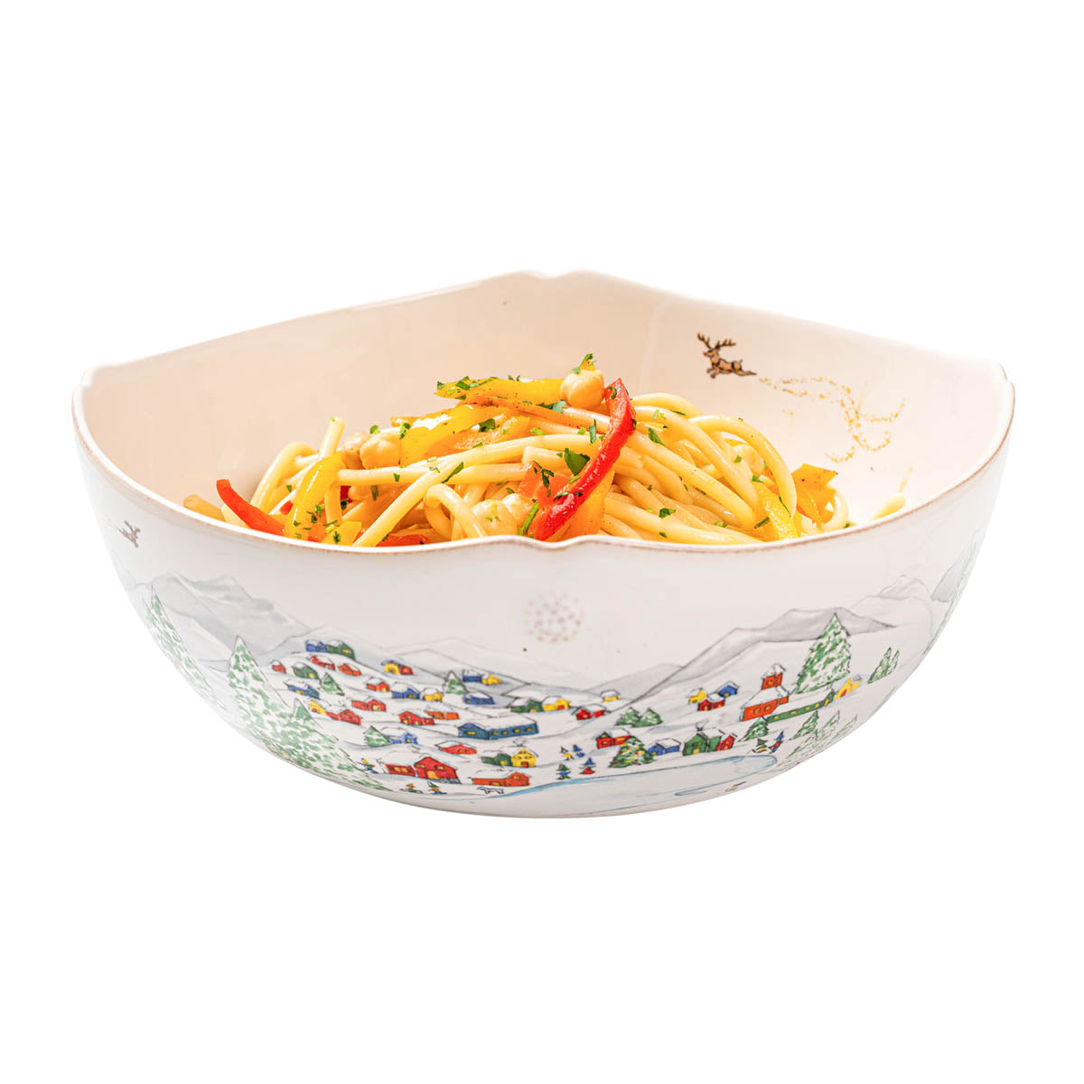 North Pole serving bowl filled with a colorful pasta salad