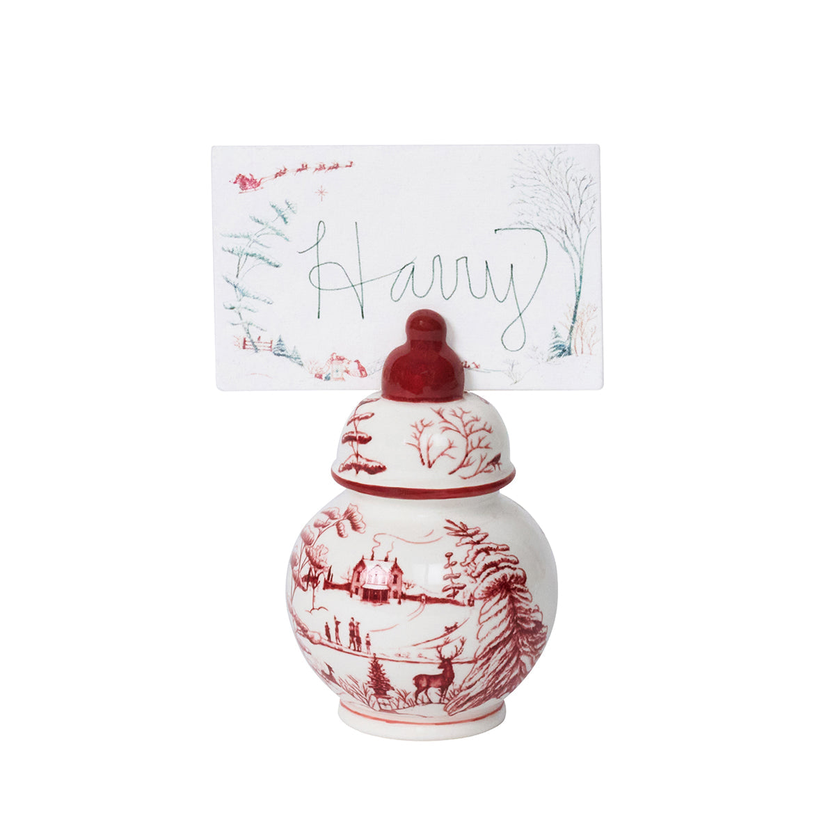 Winter Frolic place card with a handwritten name in a ruby ginger jar place card holder