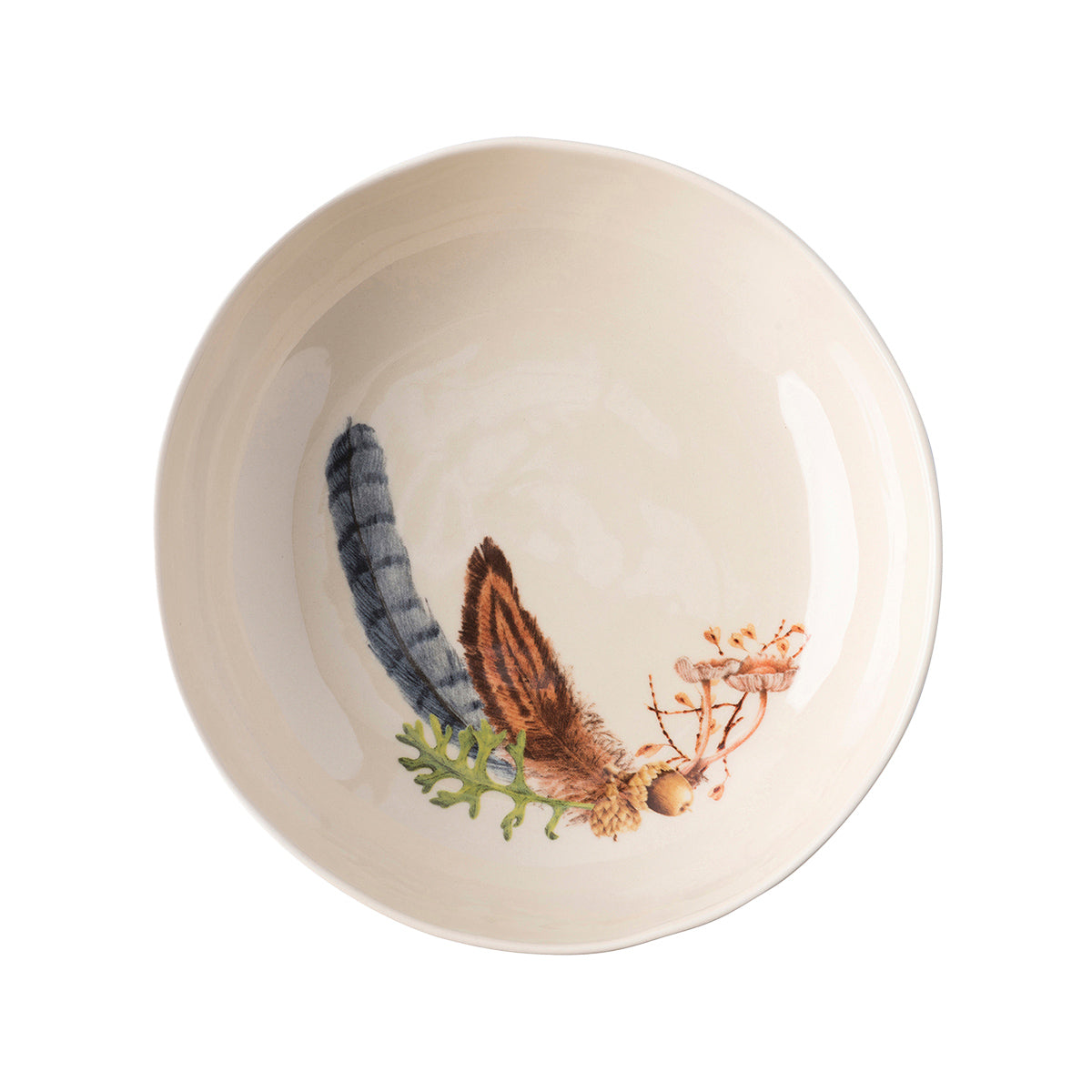 Juliska Forest Walk coupe bowl seen from above, painted inside with a blue feather and wildflowers